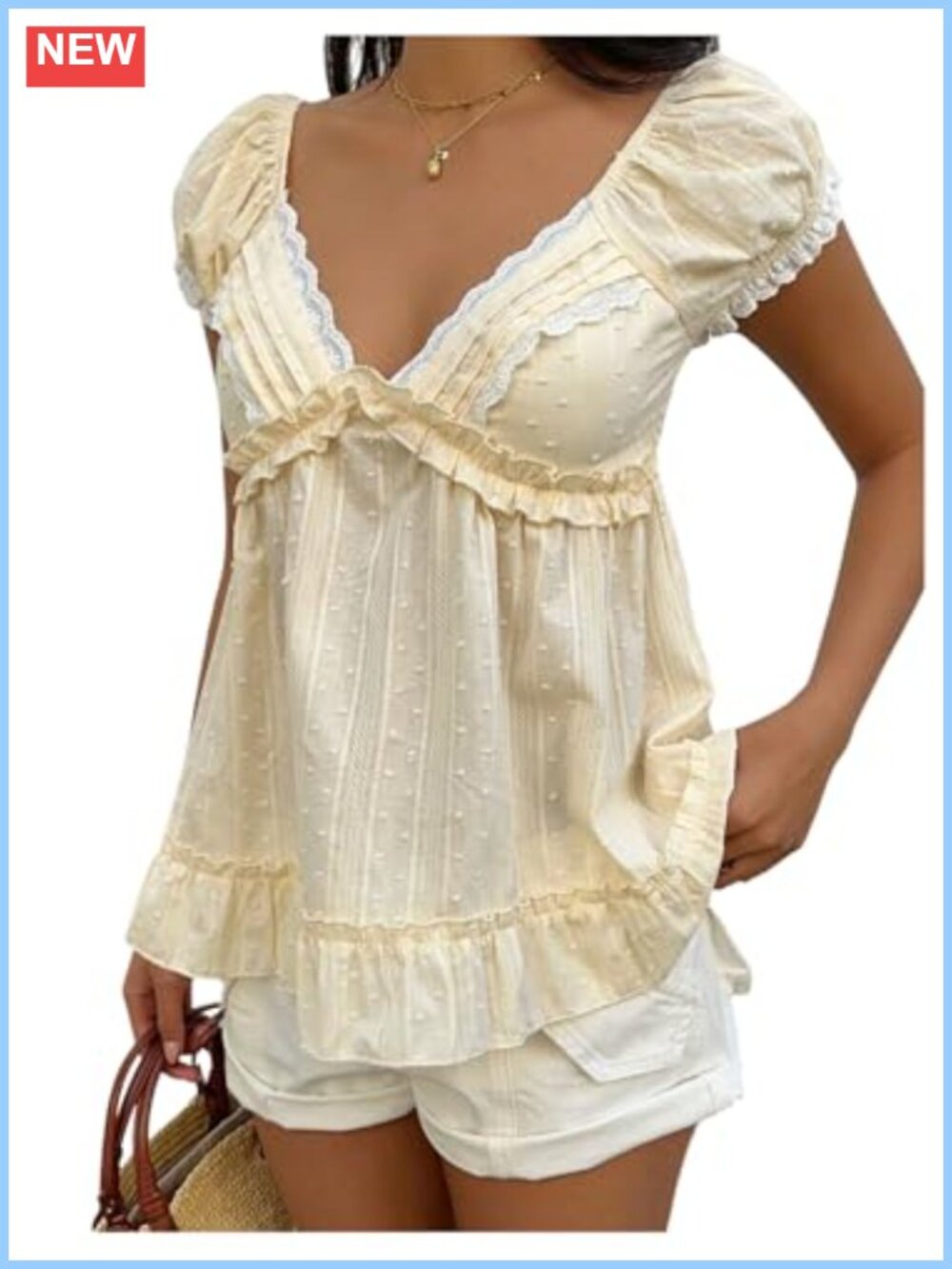 Lace Peplum Blouse Ruffle Puff Sleeve Babydoll V Neck Top